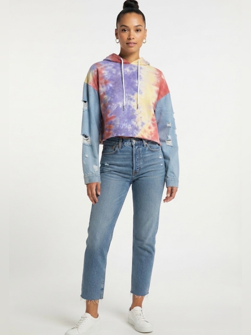 Like An Angel Tie-Dye Distressed Denim Sleeve Cropped Hoodie - Size Large